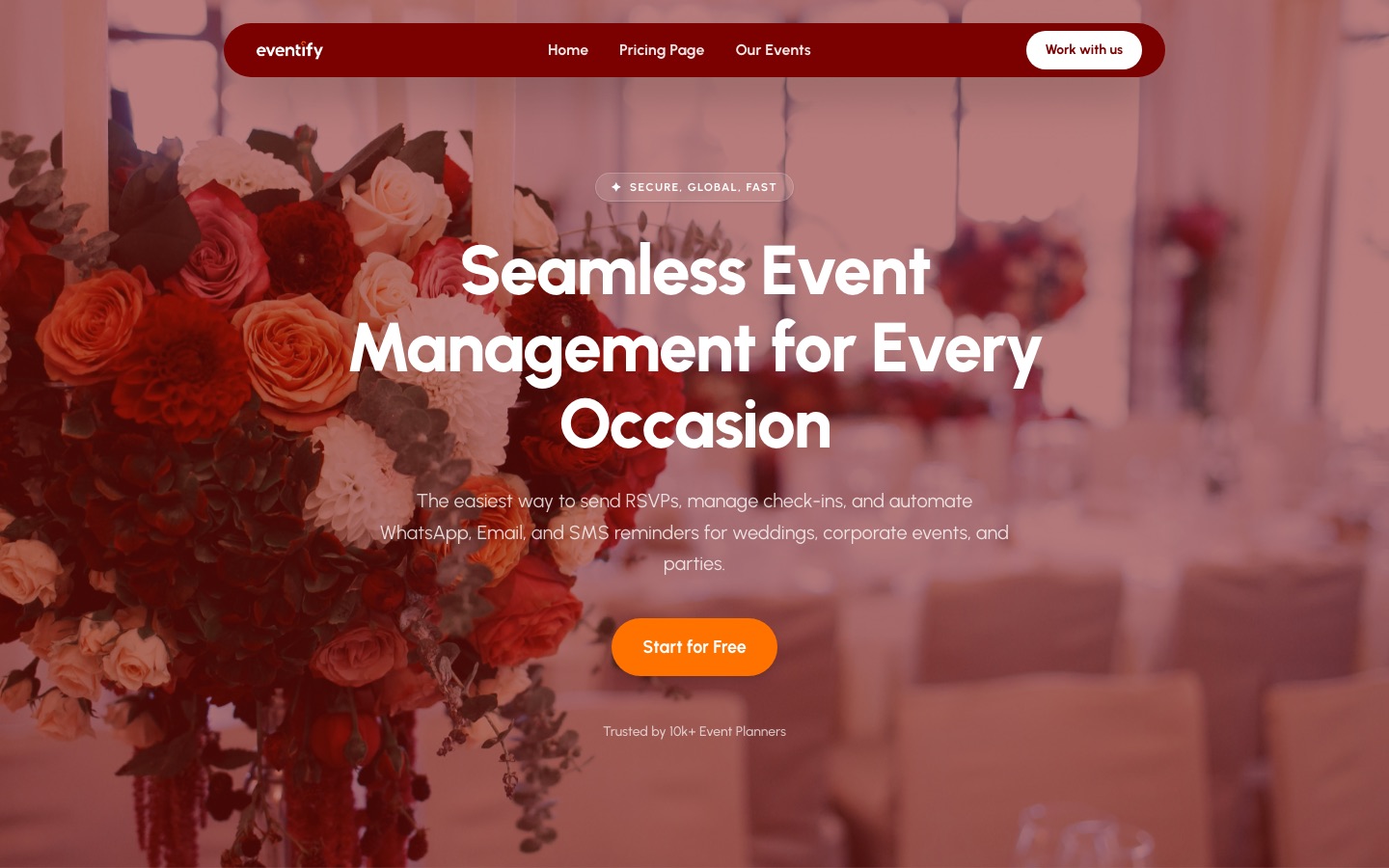 Eventify, Event packages website: home page screenshot