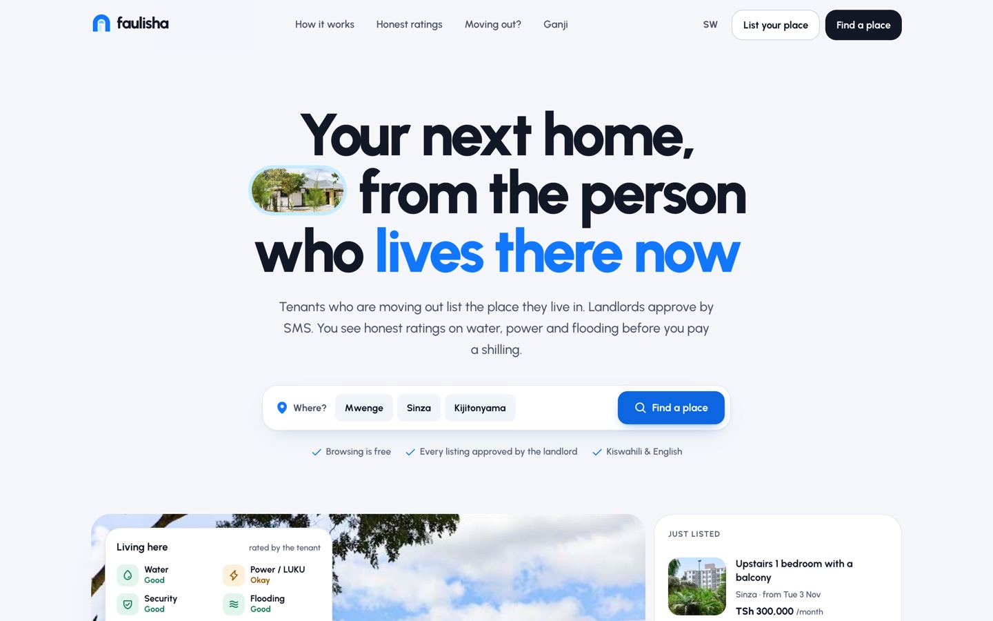 Faulisha, Rental marketplace without brokers: home page screenshot