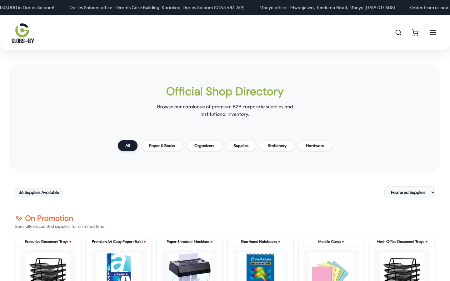 Globs-By, Online stationery shop: home page screenshot
