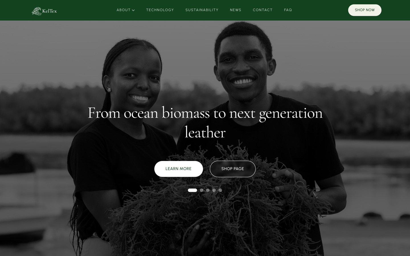 KelTex Leather, Brand site for a bio-leather startup: home page screenshot