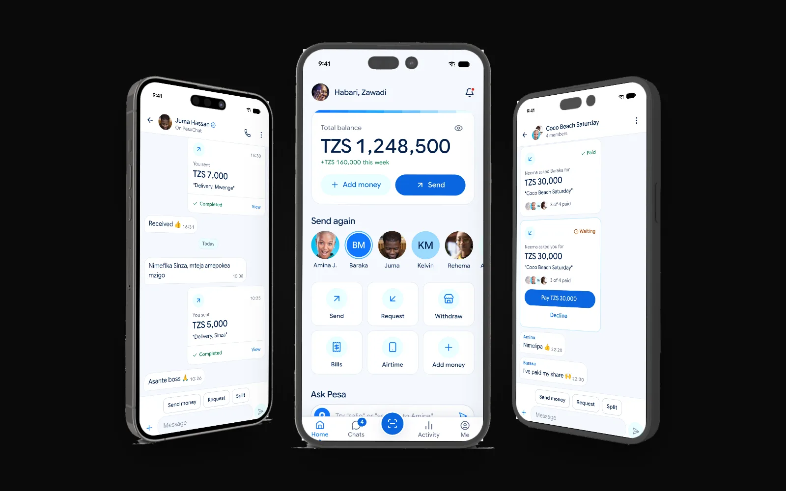 PesaChat, Mobile money inside chats: three app screens