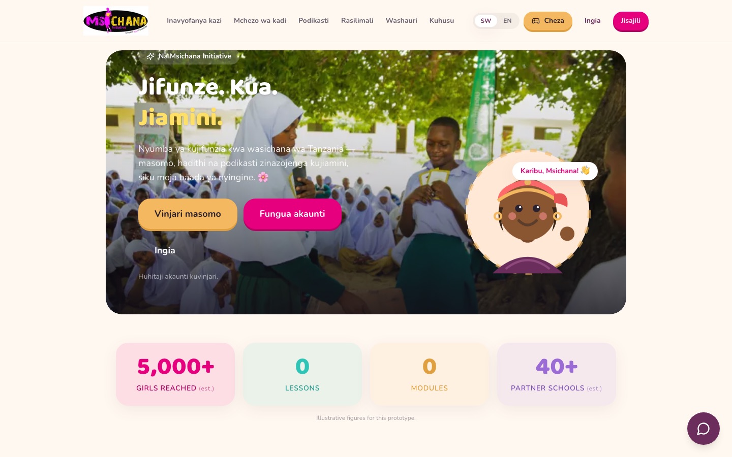 One Girl Plus, Learning app with a chatbot mascot: home page screenshot