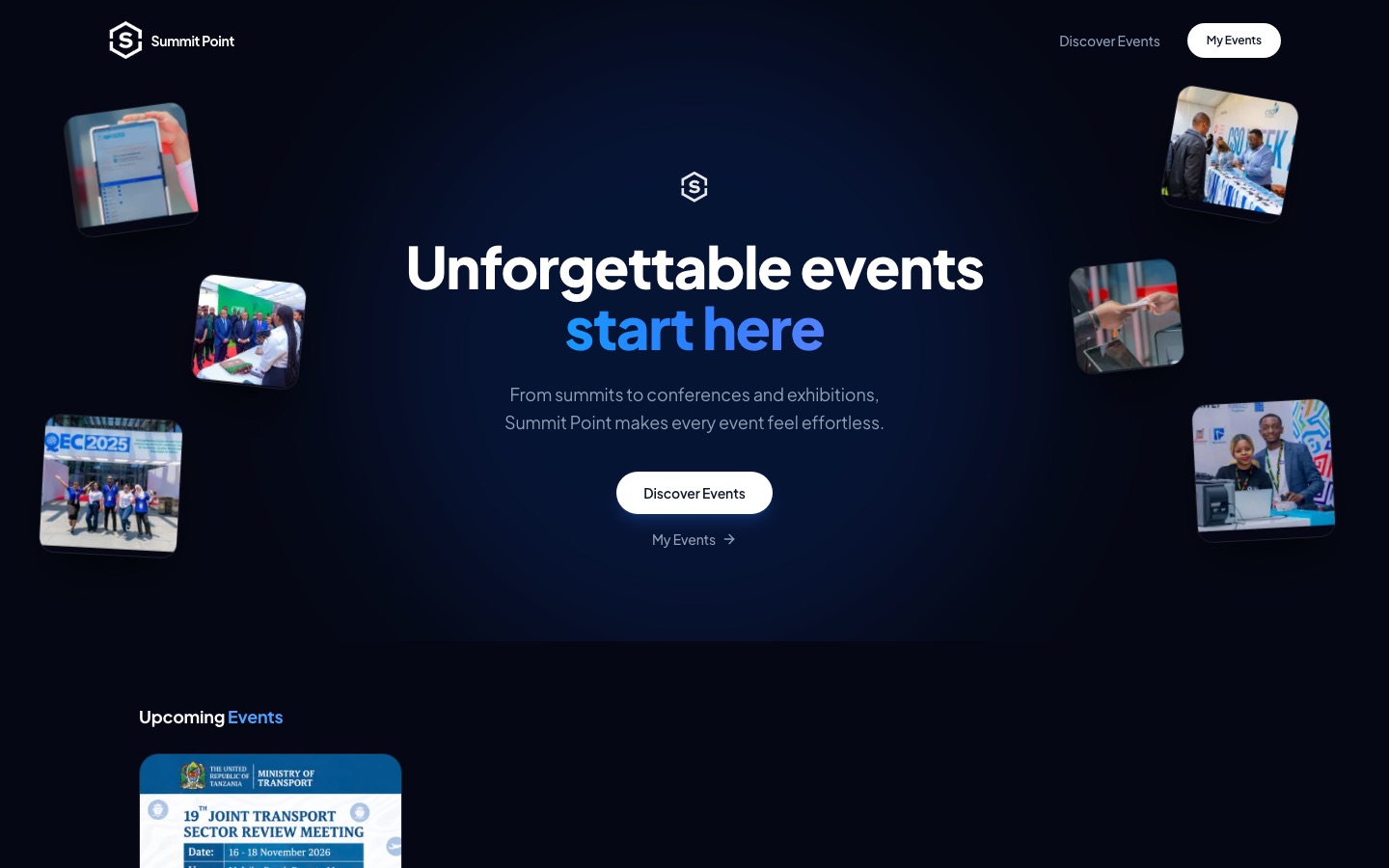 Summit Point, Event management app: home page screenshot