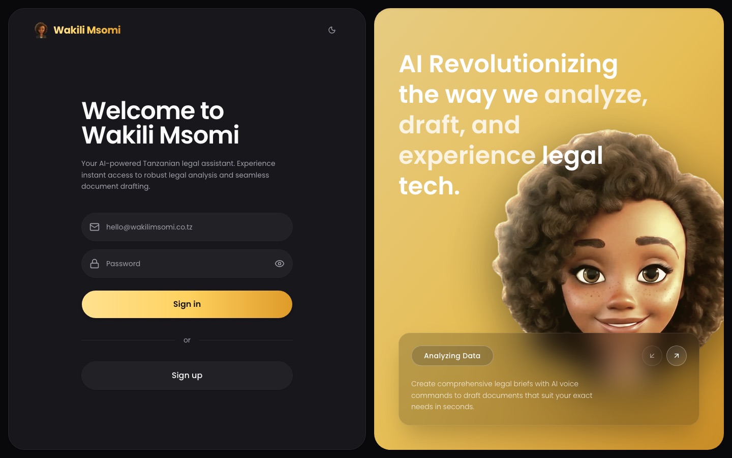 Wakili Msomi, AI legal assistant: home page screenshot