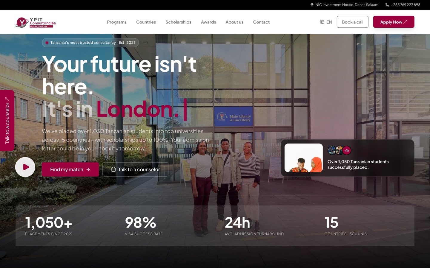 YPIT Consultancies, Study-abroad website: home page screenshot